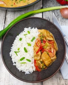 In einer braunen Schale Puten-Curry mit Gemüse und Basmati Reis mit Lauch bestreut.