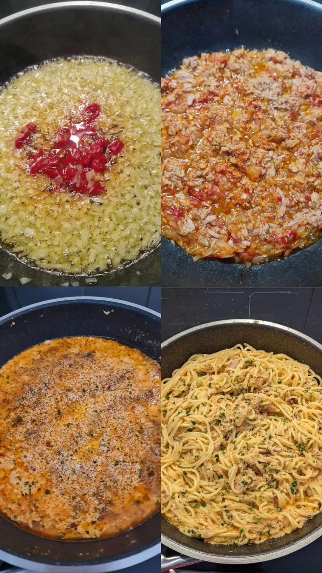 Collage Zubereitung von Spaghetti mit Thunfisch-Sahne-Soße. 
