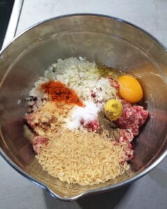 In einer Schale Hackfleisch mit Gewürzen, Ei und Reis.