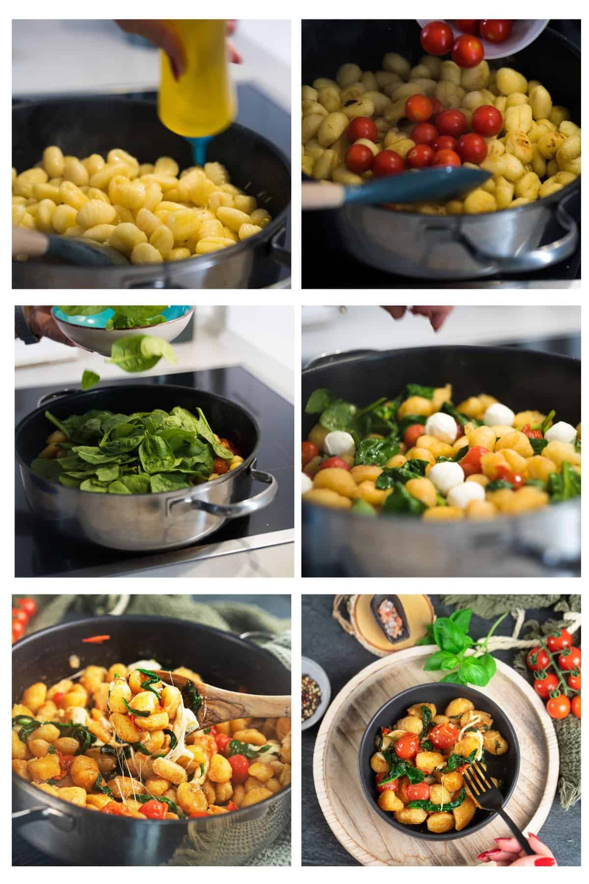 Collage Zubereitungsschritte für Gnocchi Pfanne mit Tomate, Spinat und Burrata. 
