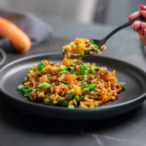 Auf einem grauen Teller angerichtet eine Reis-Pfanne mit Hackfleisch und Gemüse.
