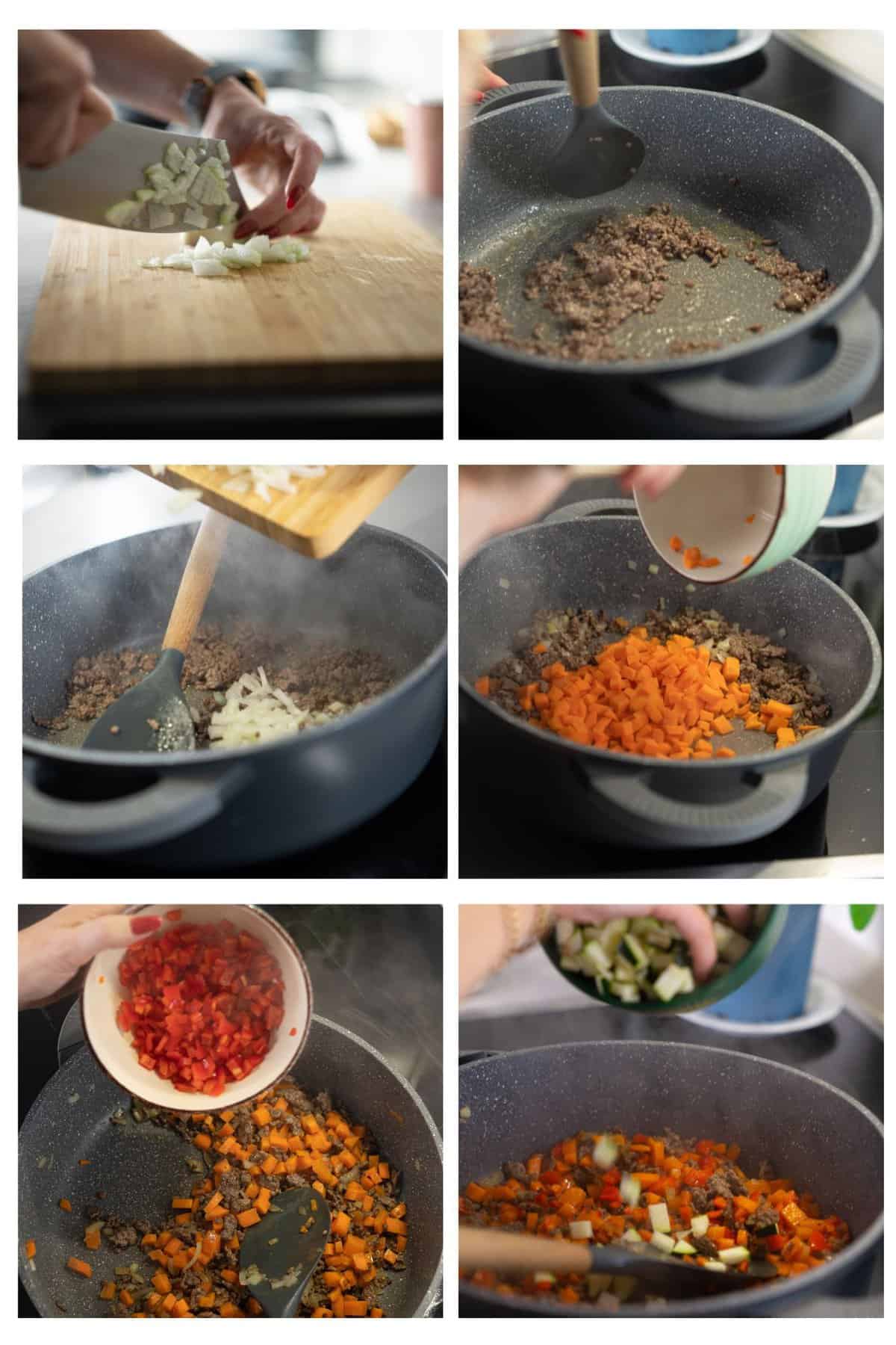 Eine Collage mit Zubereitungsschritten für die Reis-Hackfleisch-Pfanne.